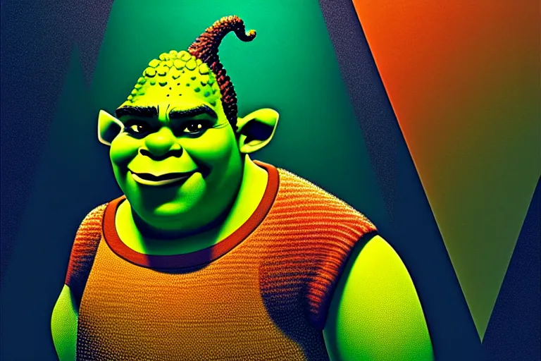 Image similar to ( ( dither ) ), editorial pixel art portrait of an angled 2 d shrek, modern art deco, ( ( mads berg ) ), christopher balaskas, victo ngai, rich grainy texture, detailed, dynamic composition, detailed pixel artwork, full og shrek, wide angle, matte print, art nouveau, unreal engine