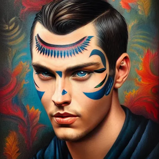 Image similar to ultra realistic portrait painting of a perfect handsome man blue eyes black hair stubble tribal tattoo, painted by Tristan Eaton Stanley Artgerm and Tom Bagshaw