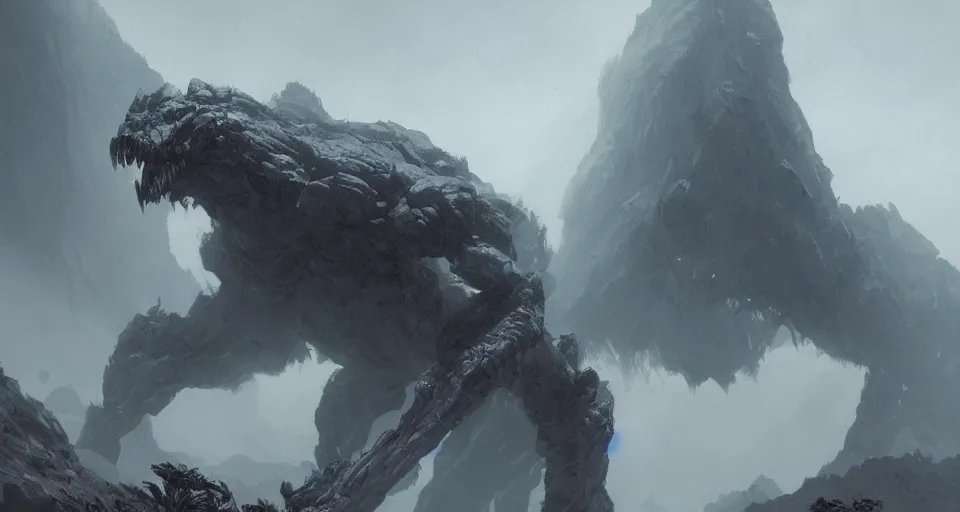 Image similar to a giant monster with many limbs crawling across a misty mountainous landscape, dramatic lighting, illustration by francois baranger, greg rutkowski, yoji shinkawa, 4 k, digital art, concept art, trending on artstation