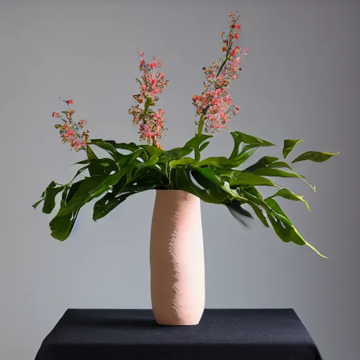 Image similar to a photo of 8k Ikebana in flower vase, ikenobo, ohararyu, sougetsu, wide angle, full body, sony a7r3, ultra detail, photorealistic, in simple background