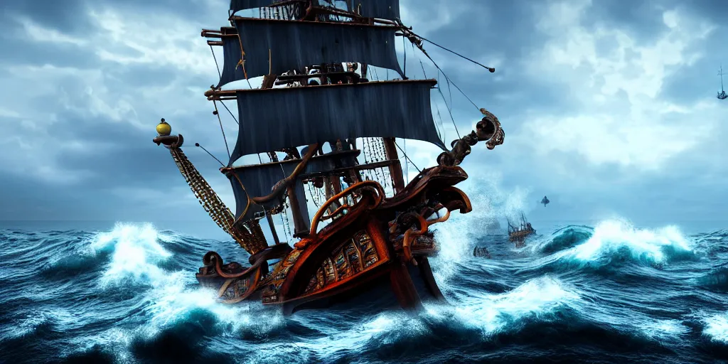 Prompt: pirate ship on rough seas, pirate ship being attacked by sea monsters, photorealistic illustration, high quality render, 8 k resolution