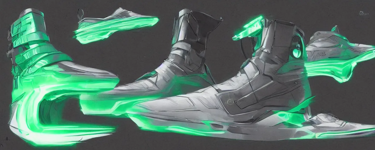 Image similar to looking at the side of a futuristic sneaker from Rebok, art by Gerald Parel, trending on Artstation, hightop, black and white, leather, suede, chrome, green neon, green lasers, photorealism, hyperrealism artstation