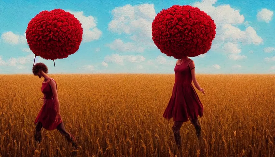 Image similar to giant red carnation afro head, full body, full body, girl walking in a wheat field, surreal photography, hills, sunrise dramatic light, impressionist painting, colorful clouds, digital painting, pointillism, artstation, simon stalenhag
