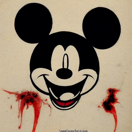 Image similar to front view of a demonic evil mickey mouse with dripping blood, symmetrical, by jean - baptiste monge!!!!!!!!!!!!!!!!!!!!!!!!!!!