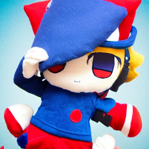 Image similar to cute fumo plush of a boy magician, red and blue uniform, lens flare, vray