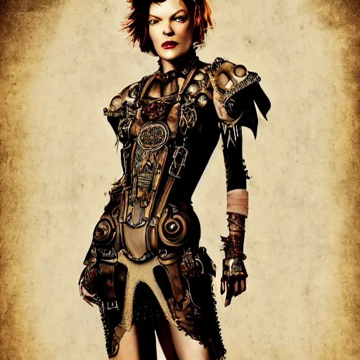 Prompt: Milla Jovovich in detailed steampunk dress, smooth, sharp focus, illustration, realistic, cinematic, 8k,