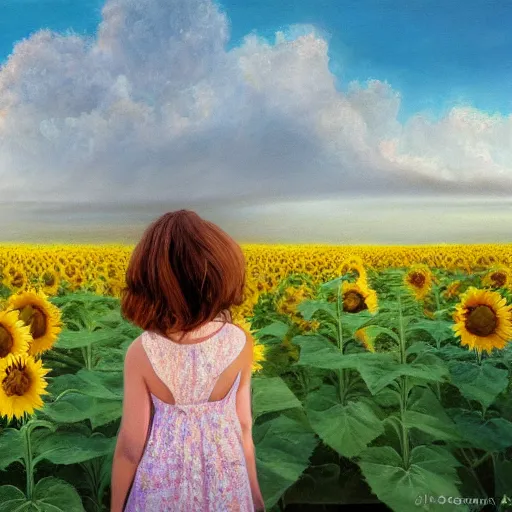 Prompt: a dreamy vision of girl levitating over amazing tall sunflower field, hair flowing, fog, early morning lightning, subtle, intricate details, real masterpiece, oil on canvas, by somsak anong