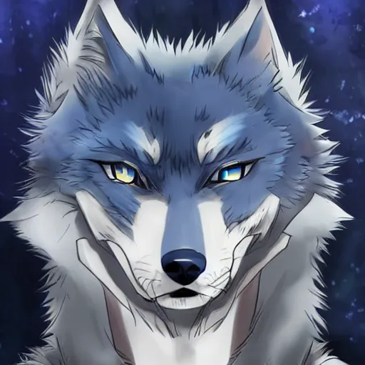 Image similar to modern anime still an anthro dark blue wolf furry fursona in a lavish outfit, handsome anime eyes, key anime visuals with anime environmental background