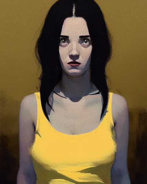 Image similar to cottagecore hyper - realistic portrait of a woman in black sleeveless t - shirt, black hair, by atey ghailan, by greg rutkowski, by greg tocchini, by james gilleard, by joe fenton, by kaethe butcher, dynamic lighting, gradient light yellow, brown, blonde cream and white color scheme, grunge aesthetic