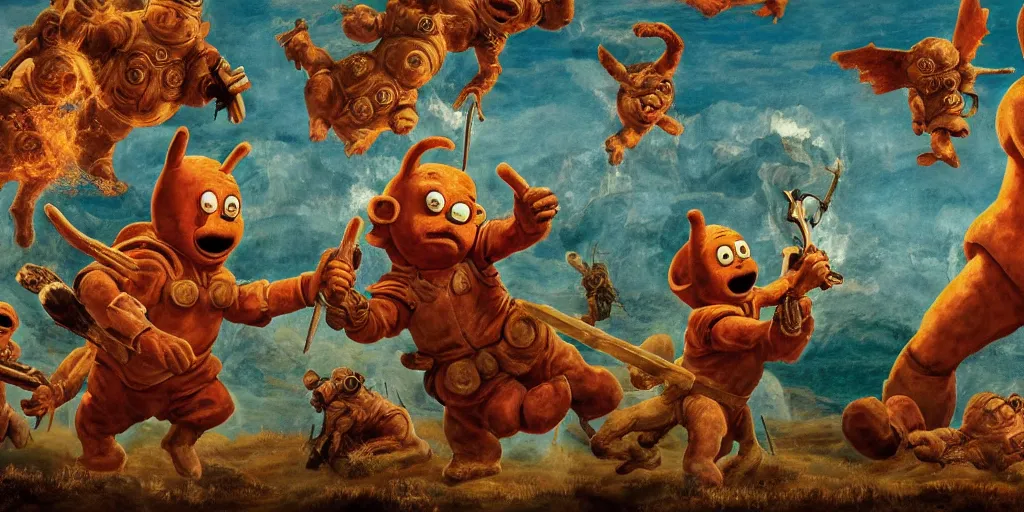 Prompt: Medieval fresco of the Main Character from Doom Eternal fighting and shooting The Teletubbies in hell, 4k, highly detailed,