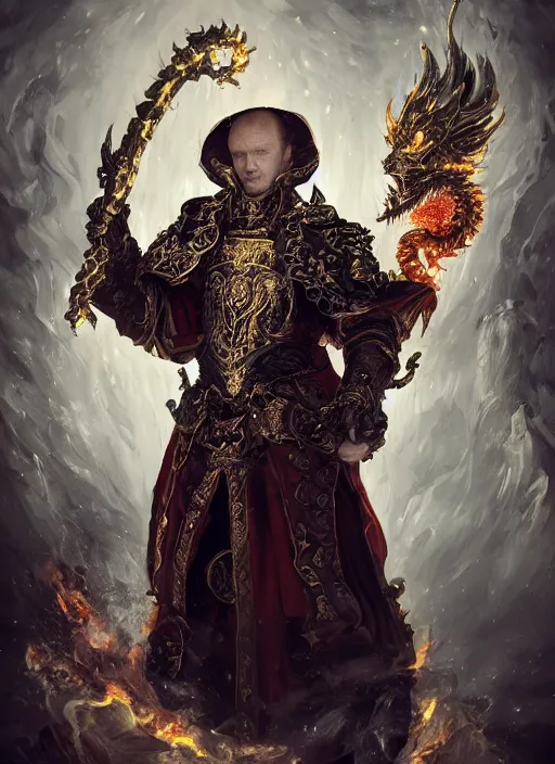 Image similar to high intricate middle aged ginger male priest with white baroque armor and black garment fighting a fire demon, maria panfilova, andrea savchenko, mike kime, ludovic plouffe, qi sheng luo, oliver cook, trending on artstation