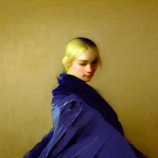 Image similar to a young woman's face, her hair is white and she wears a cobalt blue satin cloak, by ivan aivazovsky and syd mead and moebius and gaston bussiere and roger dean and pieter claesz and paul delaroche and alma tadema and willem claesz and gerard ter borch, hyperrealistic, volumetric light