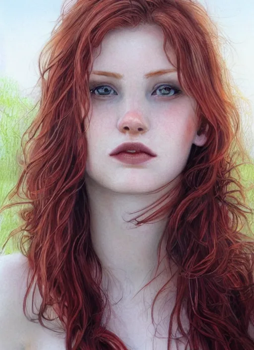 Image similar to close up portrait drawing of a ( thin young redhead woman with russian descent, sunbathed skin, with ( intricate deep blue eyes ) and ( wavy long maroon colored hair ) who looks directly at the camera with a ( slightly open mouth ) ). face takes up half of the photo. a park visible in the background. detailed 8 k art by luis royo.