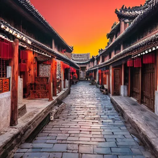 Image similar to peaceful ancient water town in the south of china, zhouzhuang ancient town, sunset glow, movie style, warm color to move