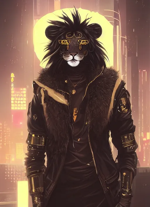 Image similar to award winning beautiful portrait commission of a male furry anthro lion fursona with a tail and a cute beautiful attractive detailed furry face wearing stylish black and gold cyberpunk clothes in a cyberpunk city at night while it rains. Character design by charlie bowater, ross tran, artgerm, and makoto shinkai, detailed, inked, western comic book art