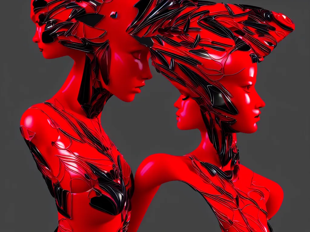 Image similar to a beautiful red and black 3 d geometrically printed mannequin in the style of james jean, chrome orchids dripping black iridescent liquid, winged victory, moody, dramatic, introspective, 4 k, trending on artstation, photorealistic, volumetric lighting, octane render