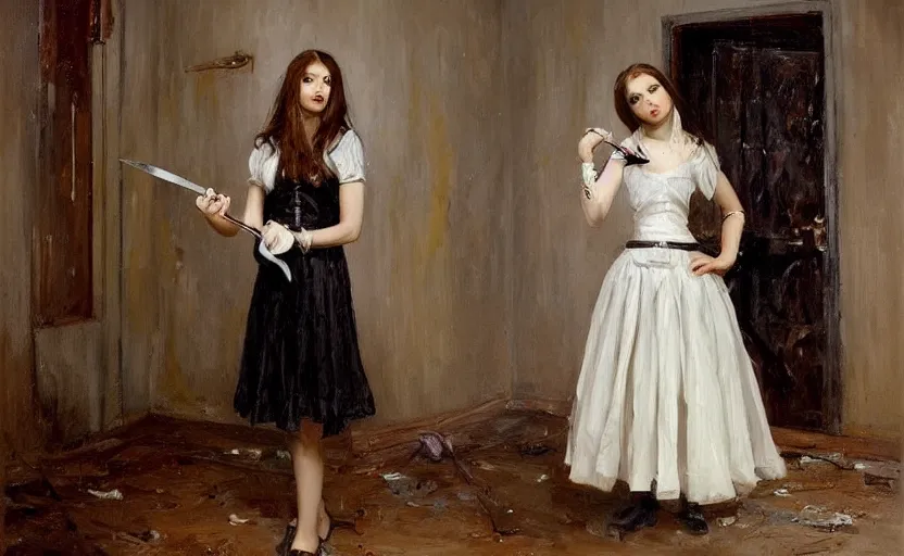 Image similar to Gothic girl holding a knife and standing on an abandoned hospital room. By Konstantin Razumov, highly detailded