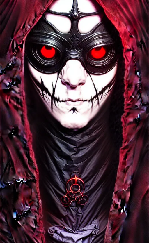 Prompt: a striking portrait of a pitch black masked eldritch shaman with sinister red eyes by moebius and ross tran and artgerm, detailed artwork, realism, 4 k resolution, detailed, high quality, sharp focus, hq artwork, insane detail, volumetric lighting, character concept art, fine details, tarot card, clear subject