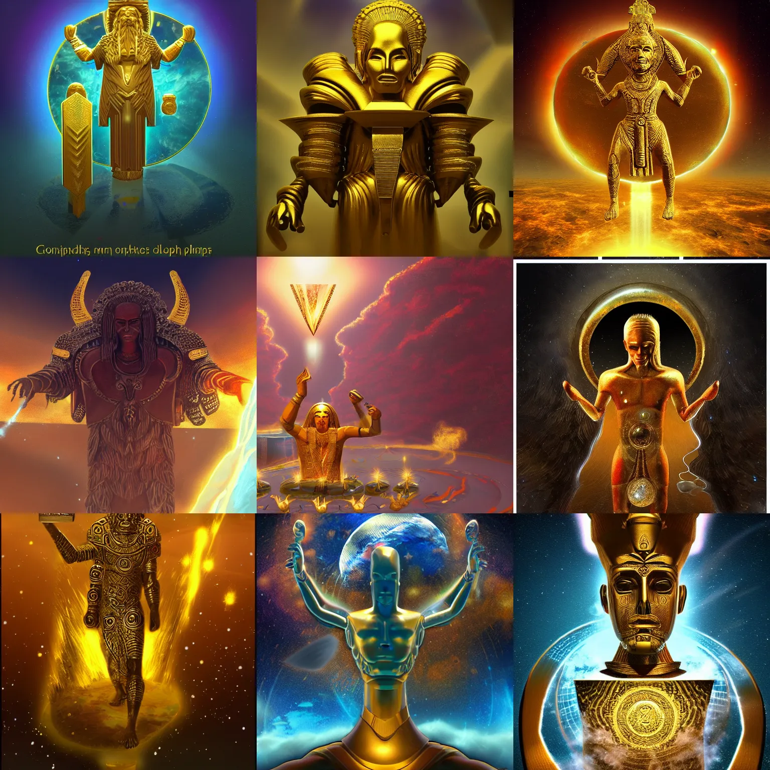 Prompt: Anunnaki god enki collecting gold to create atmosphere to make planet invisible, creating artificial intelligence, artstation, concept art