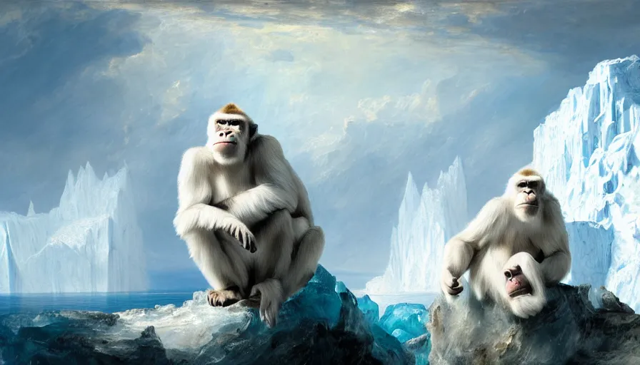 Image similar to highly detailed painting of white giant gorilla cats with large feathered wings on a blue and white iceberg by william turner, by greg rutkowski, by william constable, thick brush strokes and visible paint layers, 4 k resolution