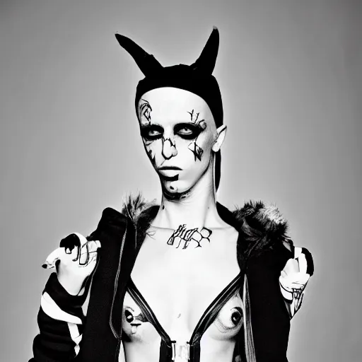 Image similar to zeff black and white photoshoot die antwoord ninja