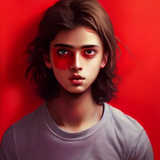 Image similar to colorful and festive captivating teenager with straight short brown hair covering his eye, dark skin, big lips, big eyes, wearing a red t - shirt. rich vivid colors, ambient lighting, dynamic lighting, 4 k, atmospheric lighting, painted, intricate, highly detailed by charlie bowater