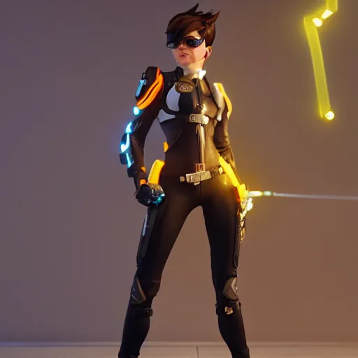 Prompt: a full body portrait of tracer from overwatch wearing skintight leather jacket, trending on artstation, artstationhd, artstationhq, full body shot, octane render, unreal engine, 3 d render detailed body, detailed face, artwork by tooth wu and wlop and beeple and greg rutkowski
