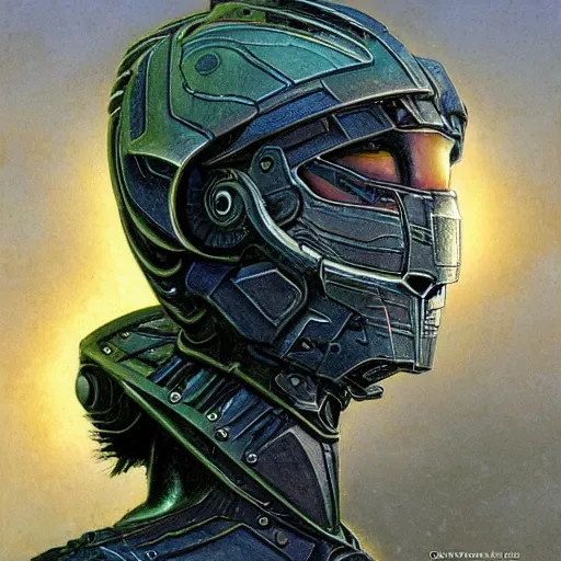 Prompt: fantasy halo 2 exoskeleton armor, stylized anthropomorphic black bird head with a visible beak. neon, science fiction, light, portrait by donato giancola and greg rutkowski and wayne barlow. 1 9 6 9