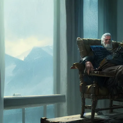 Prompt: old fatman sitting on chair reads the witcher saga, light stubble, digital art, photorealistoc, art by greg rutkowski, hyperdetailed, western comic style, comic, comic style, sharp lineart, professional lighting, deviantart, artstation, trevor henderson, rossdtaws, cinematic, dramatic