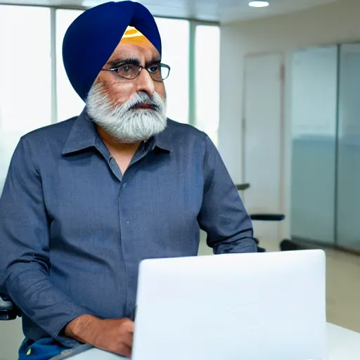 Image similar to Inderjit gill sitting at a computer looking lost, photograph, high quality