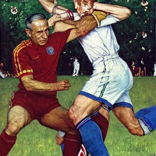 Prompt: benjamin netanyahu headbutting a photographer on a soccer field, by norman rockwell and michael cheval, highly detailed, sharp focus