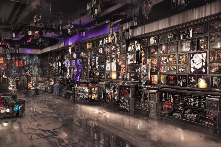 Prompt: Cybertron, inside of a Hot Topic store for goth Decepticons, cinematography by Wes Anderson, 4k octane render, photorealistic , cinematic lighting, Artstation