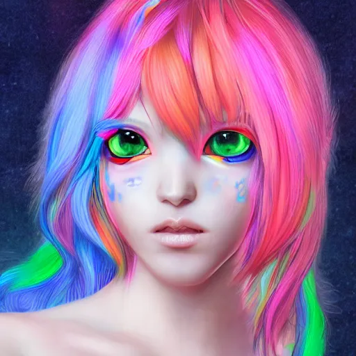Prompt: catgirl with rainbow hair, digital art, by Yoshitaka Amano, trending on artstation, 4k, highly detailed