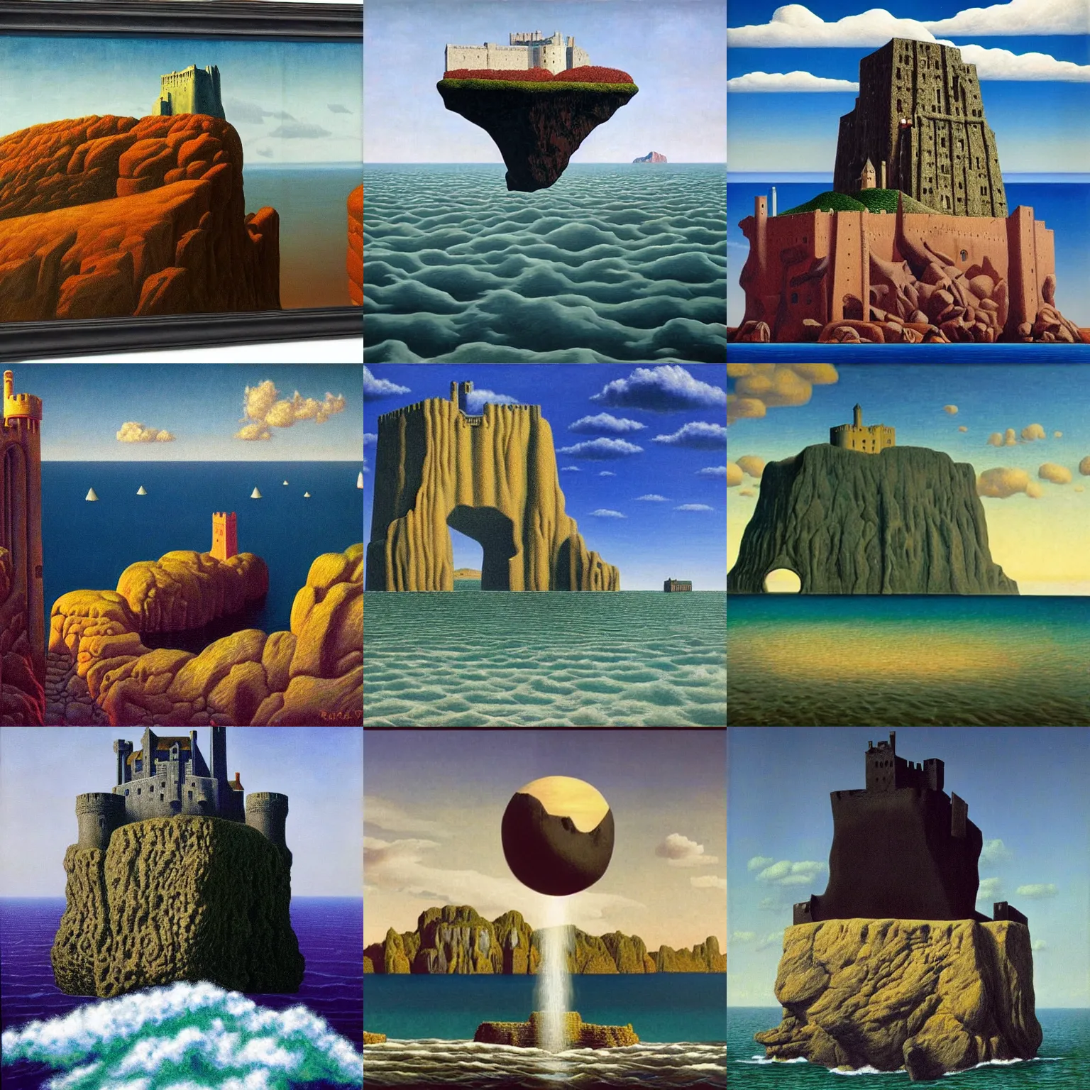 Prompt: a huge black rock floating over an ocean, a castle is located on top of the rock, surrealism, highly detailed, painted by rene magritte, symmetrical, aesthetic, epic, vivid colors, 4 k, oil painting, realistic