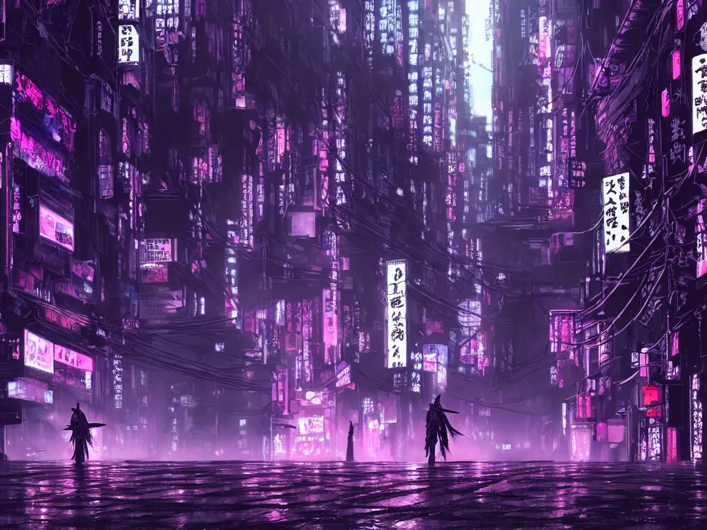 Image similar to high detailed lone dead samurai in a cyberpunk rainy city at night by Kentaro Miura, purple and pink and blue neons, unreal engine, high quality, 4K, UHD, trending on ArtStation, wires, blade runner vibes, ghost in the shell, akira, dorohedoro