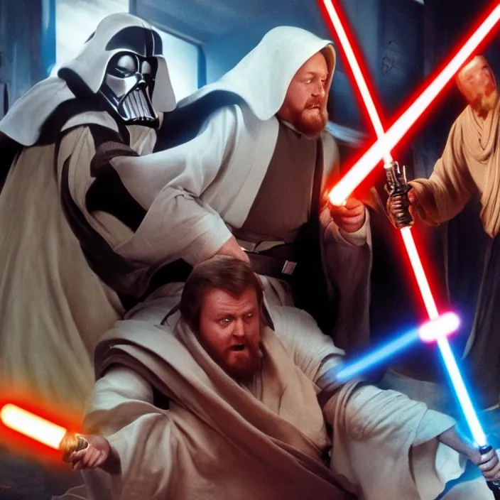 Image similar to obi wan kenobi but obese!! and overweight fighting a fat and obese darth vader, photoralistic rendering, movie still, screenshot, hyperdetailed