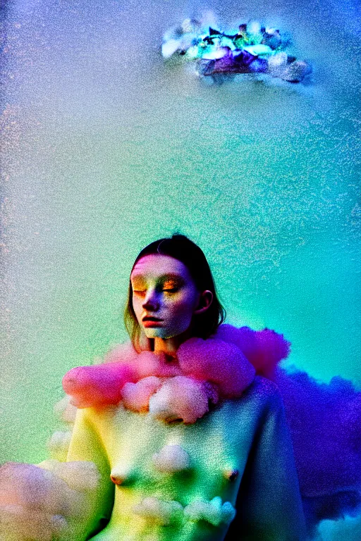 Image similar to high quality pastel coloured film close up wide angle photograph of a model wearing clothing swimming on cloud furniture in a icelandic black rock!! environment in a partially haze filled dreamstate world. three point light, rainbow. photographic production. art directed. pastel colours. volumetric clouds. pastel gradient overlay. waves glitch artefacts. extreme facial clarity. 8 k. filmic.