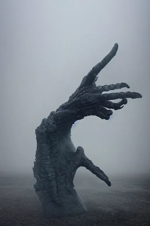 Image similar to giant hand sculpture covered in fog in style of prometheus xenomorph mythology, detailed, beautiful, god rays, unreal