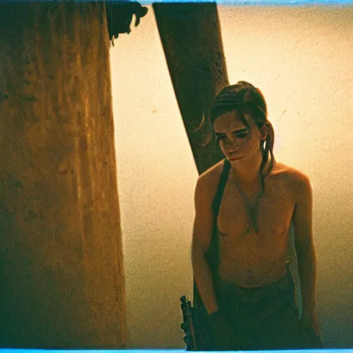 Prompt: film still, extreme far view, emma watson, jungle, vietnam door gunner, apocalypse now, associated press,, 2 6 mm, kodak ektachrome, blue tint expired film,