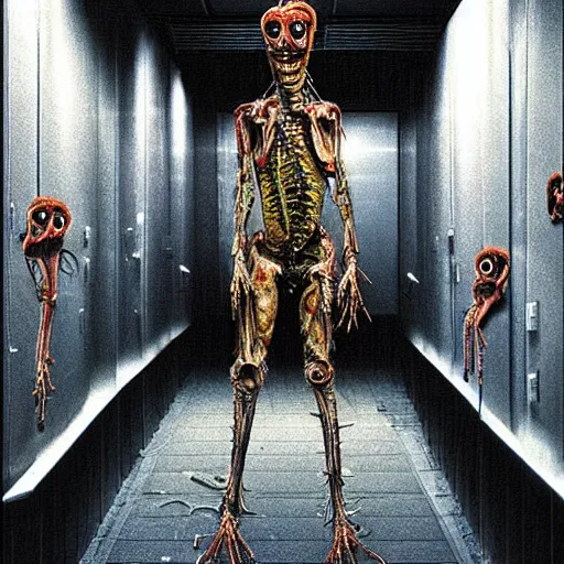 Image similar to “ugly filthy gross fleshy raw meat insectoid cybernetic mummy horse standing in a filthy dirty small server room filled with garbage and networking cables. David Cronenberg. Body horror style. 35mm.”