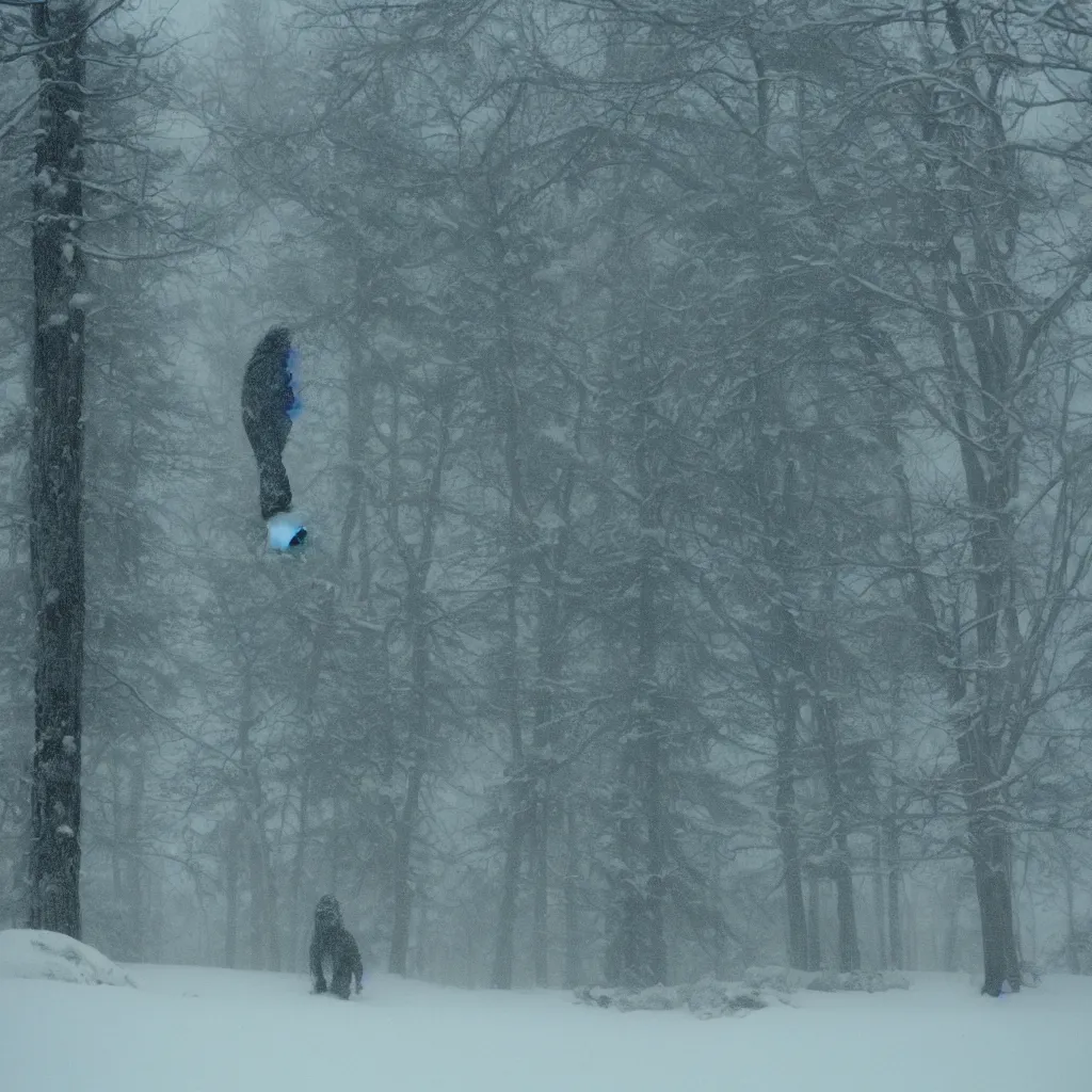 Image similar to photo, bigfoot is hiding in the background. cold color temperature, snow storm. hazy atmosphere. humidity haze. kodak ektachrome, greenish expired film, award winning, low contrast