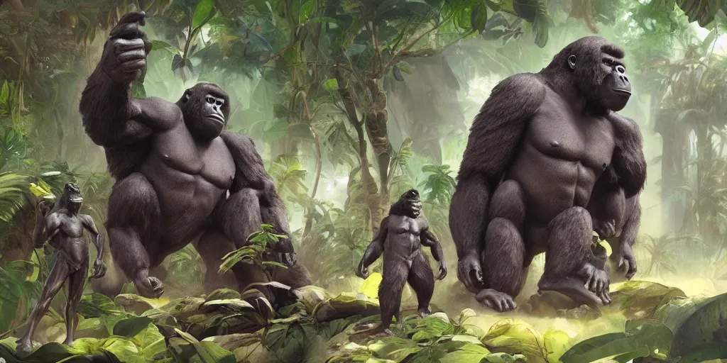 Prompt: explorers finding a big gorilla statue in the jungle, concept art, art station, cg society, game concept, mike azevedo style