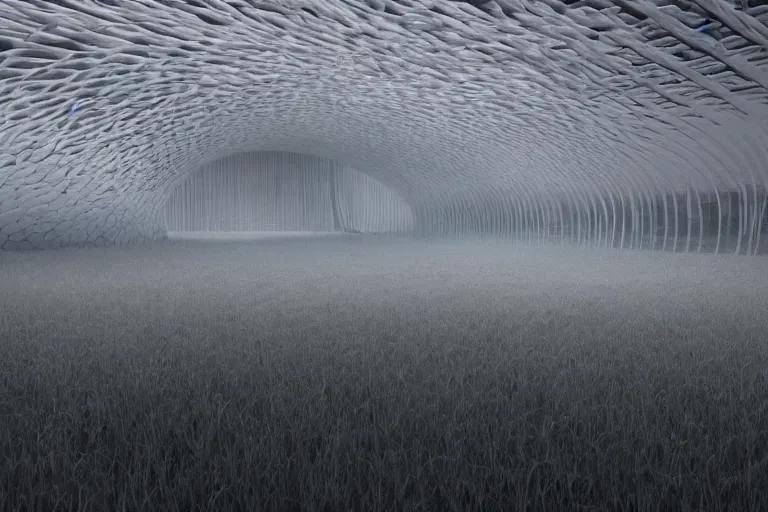 Image similar to tarkovsky stalker greatest scene, refik anadol led screen render, interior neo futuristic ultra white and clean mycelium architecture, stranded natural hemp ropes, biennale architecture installation, bioremediation, + unreal engine 5 + realistic render