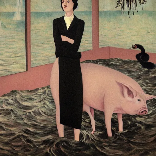 Image similar to tall female emo artist holding a pig in a flooded cafe, octopus, water gushing from ceiling, painting of flood waters inside a cafe, a river flooding indoors, pomegranates, pigs, ikebana, water, octopus, river, rapids, waterfall, black swans, canoe, berries, acrylic on canvas, surrealist, by magritte and monet