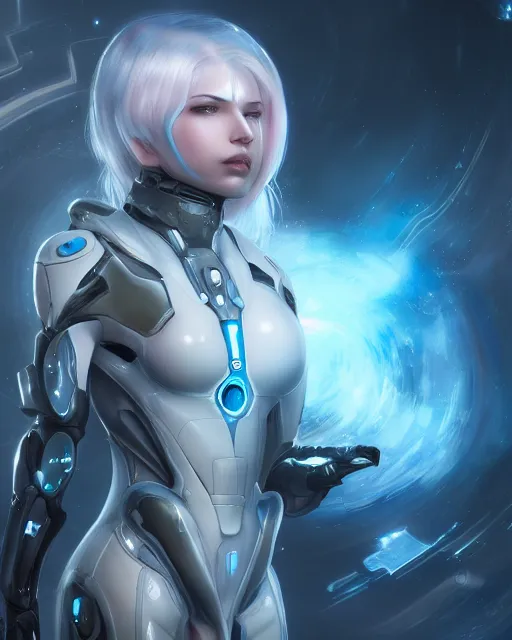 Image similar to perfect android girl on a mothership, warframe armor, beautiful face, scifi, futuristic, galaxy, nebula, raytracing, dreamy, long white hair, blue cyborg eyes, sharp focus, cinematic lighting, highly detailed, artstation, divine, by gauthier leblanc, kazuya takahashi, huifeng huang