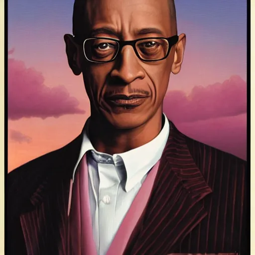 Image similar to Portrait of Gus fring by gerald brom, full body, light pink sunrise, calm atmosphere