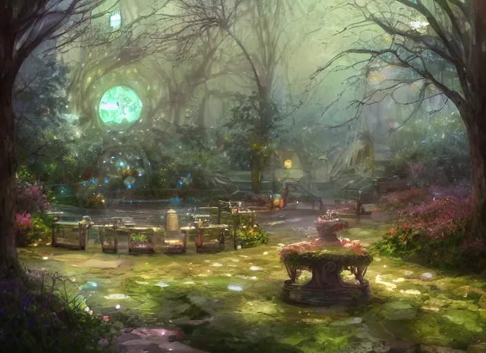 Image similar to a magical mystical fantasy fae garden full of benches, a fountain, and a tree of life. Atmospheric lighting, romantic, cold lighting, snowy. By Makoto Shinkai, Stanley Artgerm Lau, WLOP, Rossdraws, James Jean, Andrei Riabovitchev, Marc Simonetti, krenz cushart, Sakimichan, D&D trending on ArtStation, digital art.