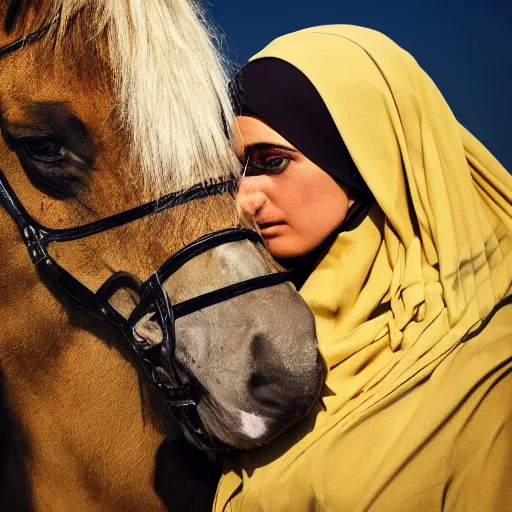 Prompt: ultra - photorealistic, burqa woman driving horse and handling weapon, dust, yellow cinematic, 4 k, 8 0 0 mm, uhd, vogue, winning photo of the year, sharp focus, intricate, hyperdetailed