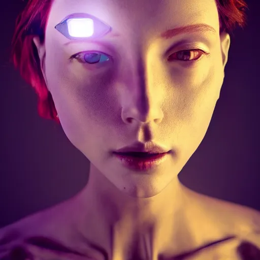 Image similar to beautiful Fine art photography portrait of a solarpunk half robot half human girl with real human face, lights over body, highly detailed, photorealism, studio lighting 8k