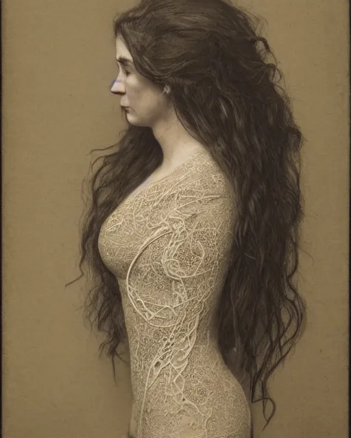 Prompt: a woman's face in profile, long flowing hair entwined in intricate decorative lace leaf skeleton, in the style of the dutch masters and gregory crewdson, dark and moody